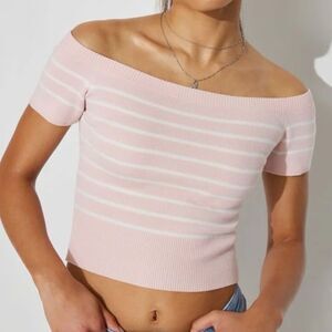 Garage Short Sleeve Off Shoulder Sweater coquette pink striped